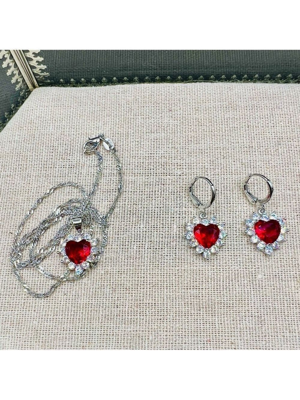 925 Sterling Silver Red Zircon Heart Earring Necklace Set